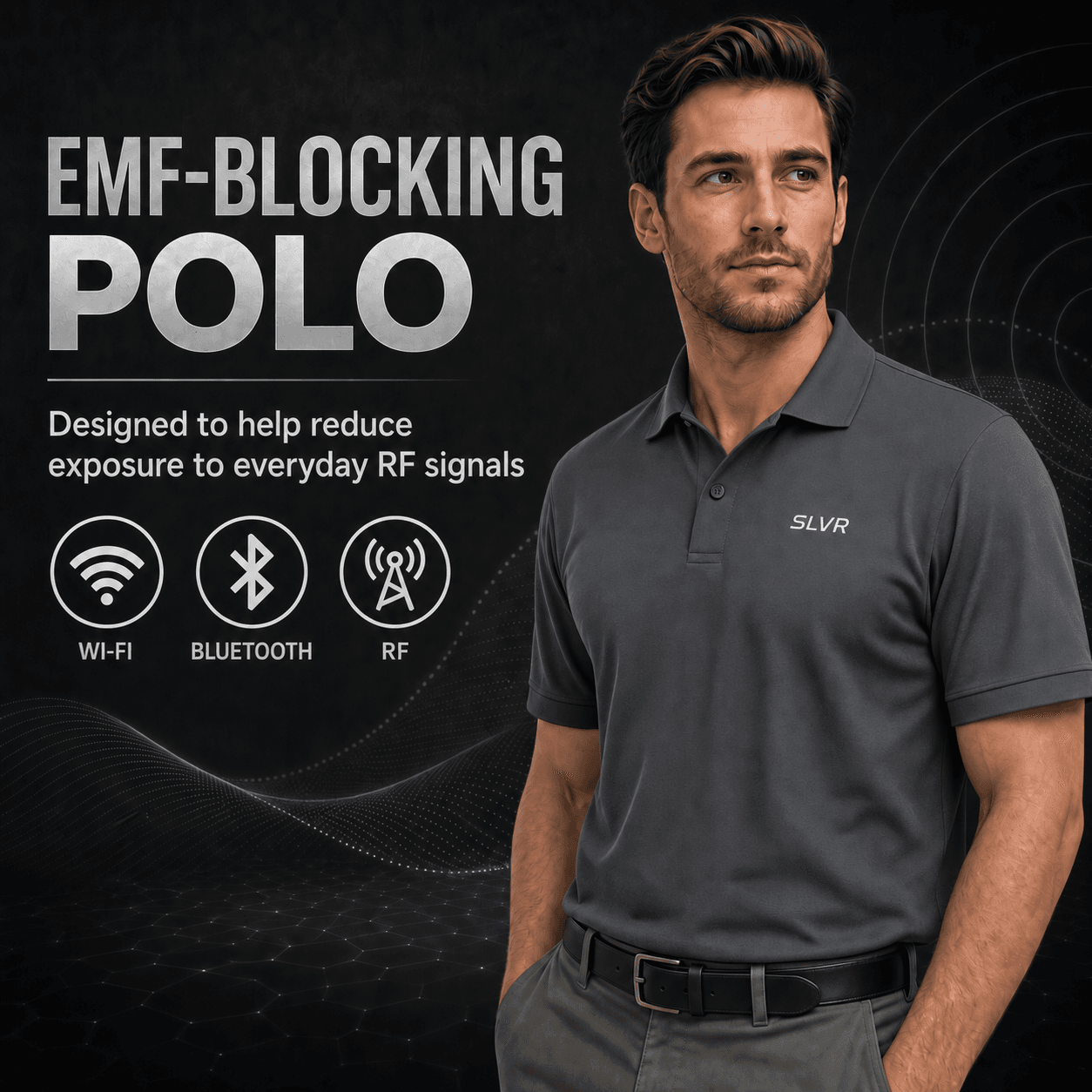 SLVRWear™ Graphite EMF Shielding Polo Shirt 002 Men's Silver Polo EMF Blocking EMF Shielding Polo Shirt, 42% Silver Fiber, 53% Cotton, 5% Polyester, Oeko-TEX Certified, Classic Fit - Image 2