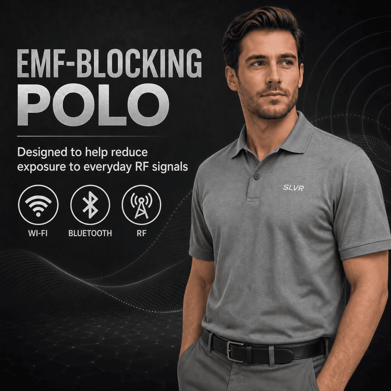 SLVRWear™ Heather Grey EMF Shielding Polo Shirt 007 Men's Silver Polo EMF Blocking EMF Shielding Polo Shirt, 42% Silver Fiber, 53% Cotton, 5% Polyester, Oeko-TEX Certified, Classic Fit - Image 4