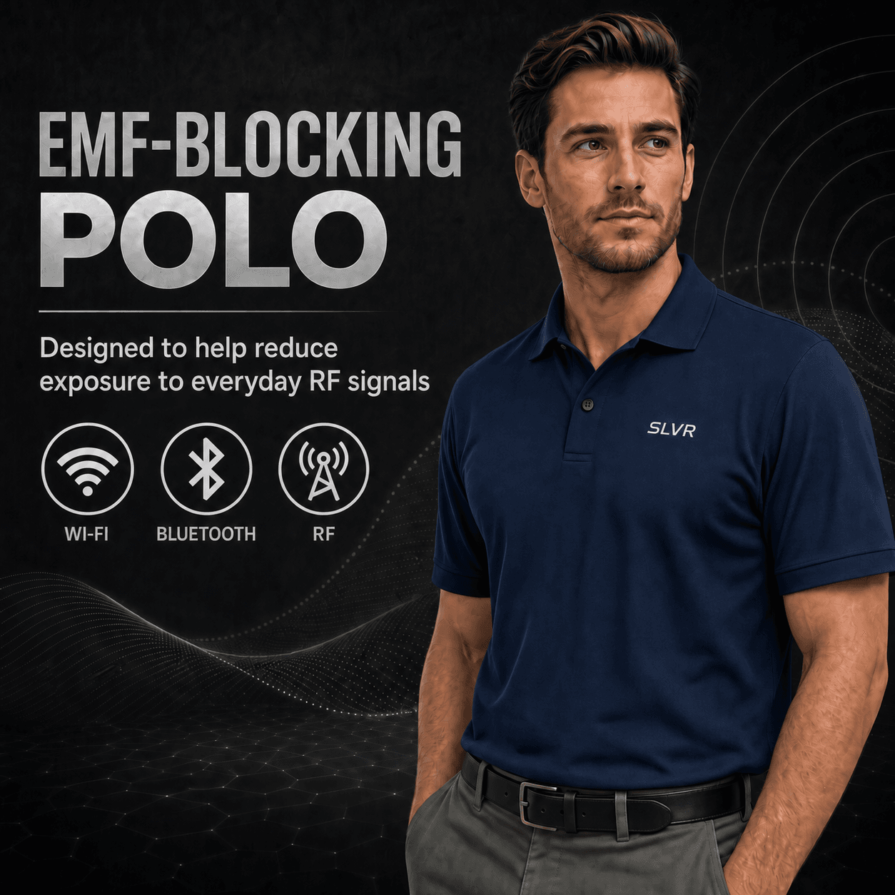 SLVRWear™ Navy Blue EMF Shielding Polo Shirt 004 Men's Silver Polo EMF Blocking EMF Shielding Polo Shirt, 42% Silver Fiber, 53% Cotton, 5% Polyester, Oeko-TEX Certified, Classic Fit - Image 3